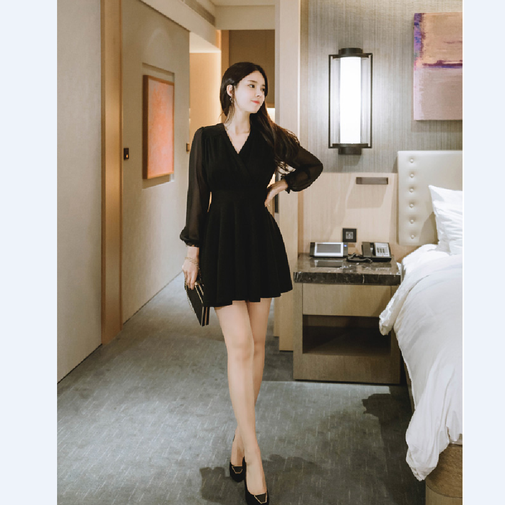 op4084 feminine silhouette chiffon sleeve span flare wrap dress