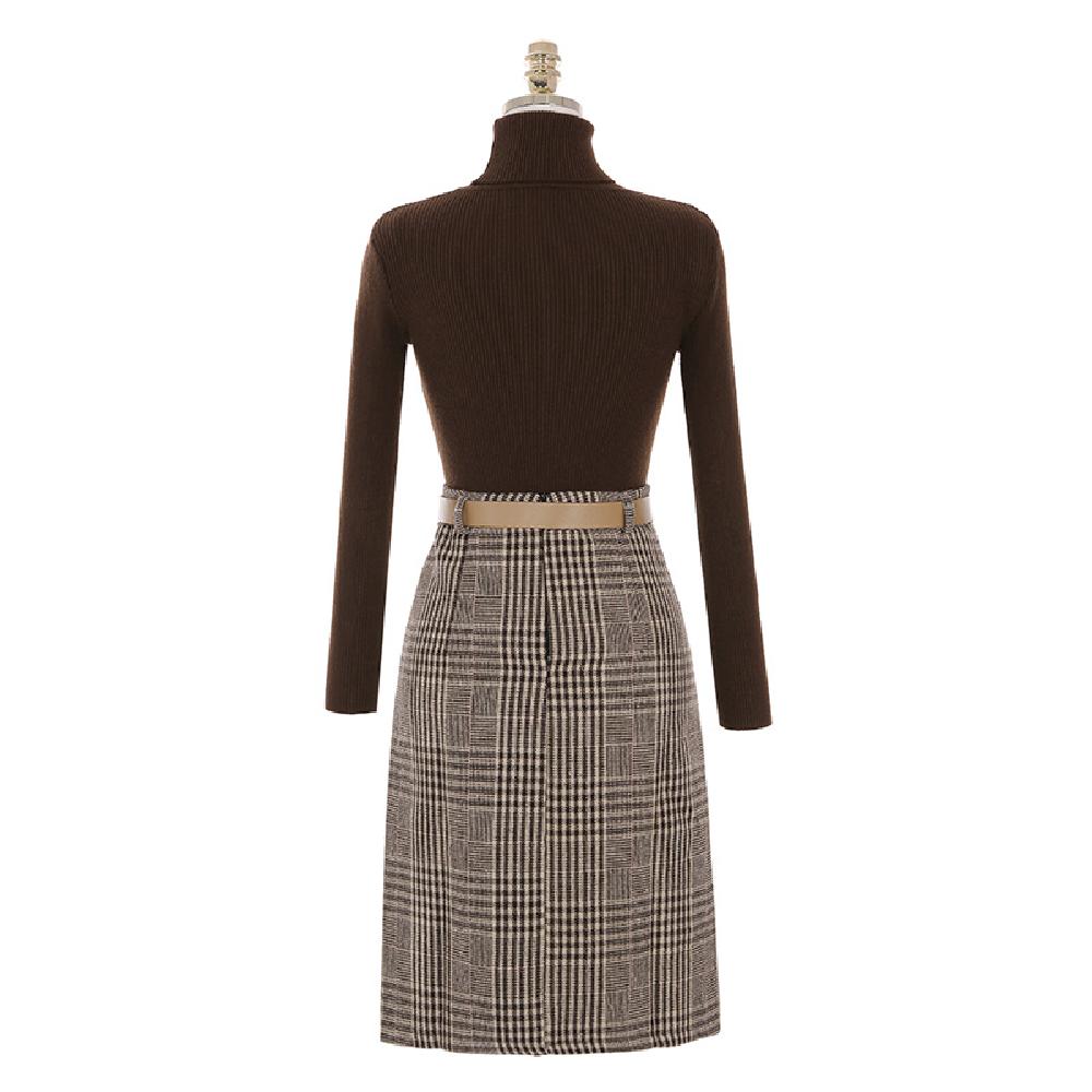 op4006 Belt construction Polar neck knit and check pattern skirt set two piece set