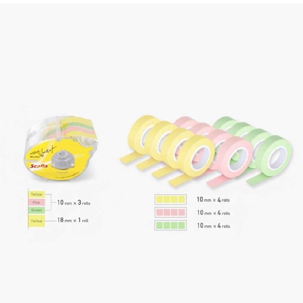 Scalla Memo Tape 10mm Set Sticky Note Adhesion 3 Colors 1 Dispenser with 10mm x 3 Rolls
